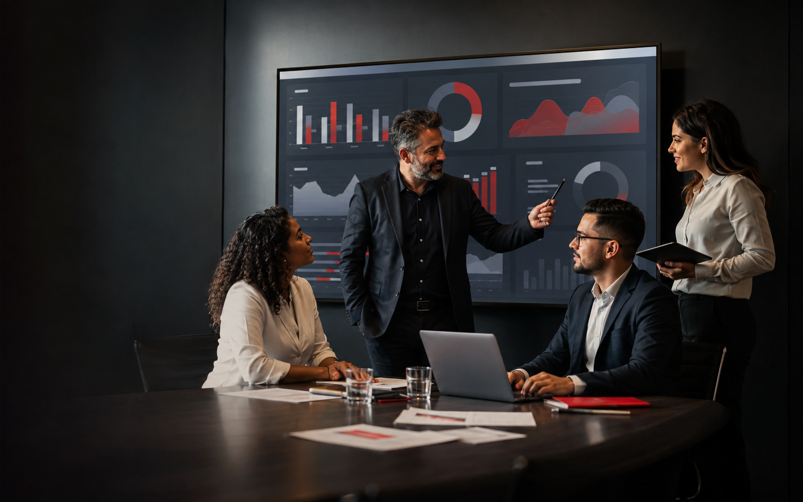 Equipe analisando indicadores de gestão pública em ambiente tecnológico
